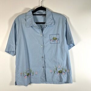 Jane Ashley Blue Floral Frogs Embroidered Y2k 90s Top Button Up XL Shirt Sequins